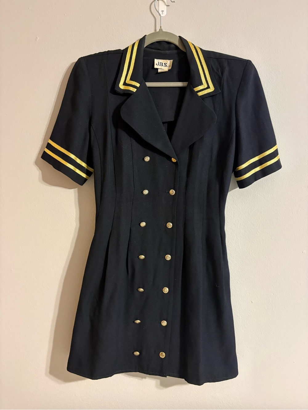 J.B.S. Black Vintage Nautical Sailor Double Breasted Mini Dress with Gold Trim